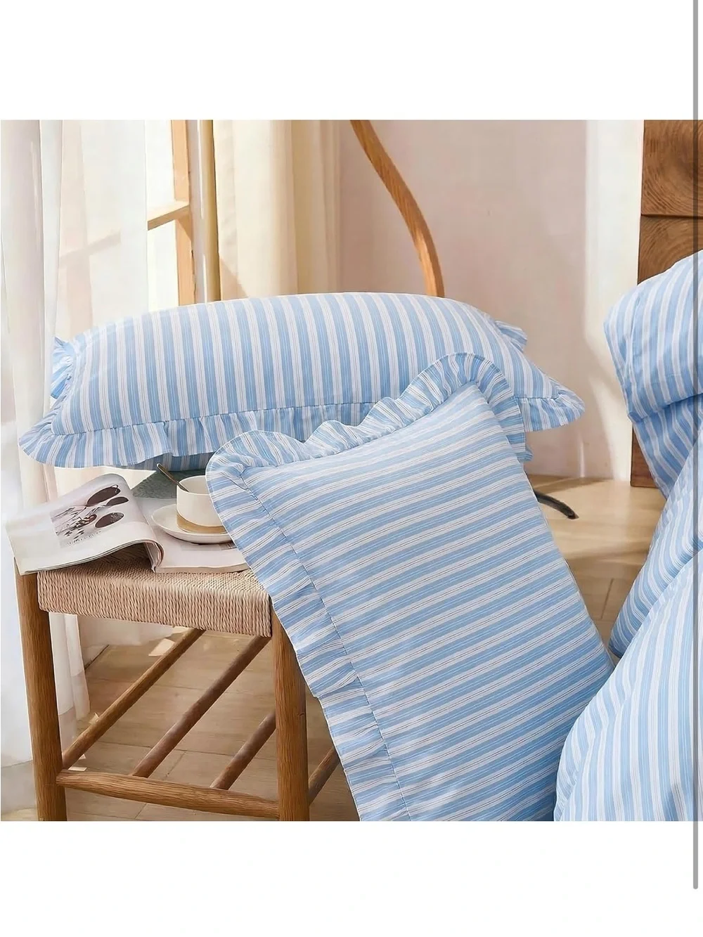 NEW Merryword 100% Cotton Blue/White Striped Duvet Cover Set Queen. Ruffle Trim